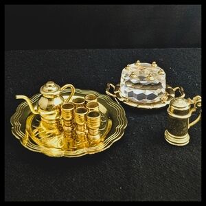 🎂 Vtg. Miniature Elegant Brass Service Platters w/ Cups Pitcher Crystal Cake